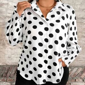 SHEIN • Black + White Polkadot Long Sleeve Flounce Sleeve Button Down Top
